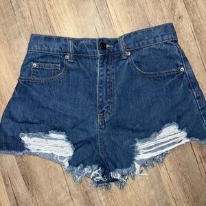 Forever 21 Dark Blue Distressed High-Rise Denim Shorts
